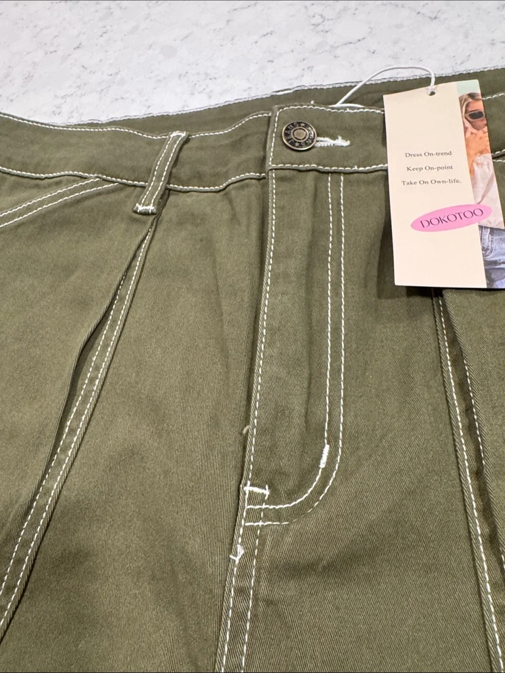 NWT DOKOTOO Sz 14 Olive Carpenter Utility Cargo High Waist White Stitch Stretch